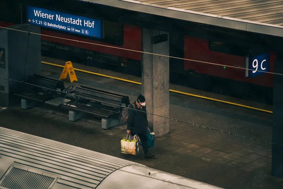 pexels-photo-10943513-10943513 Man wearing a face mask carrying bags at Wiener Neustadt train station in winter.